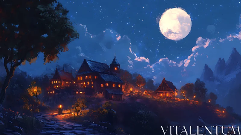 Enchanting Village Under the Moon AI Image