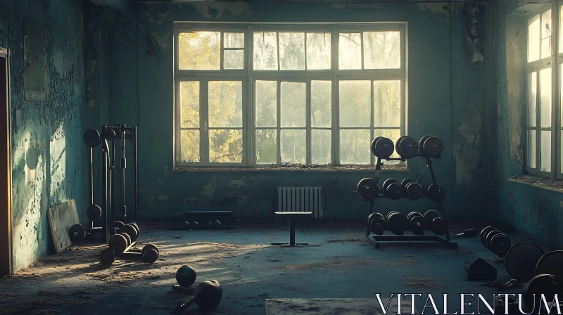 Dilapidated Gym with Sunlight and Weights