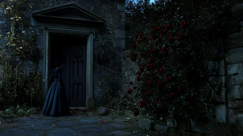 Woman at Gothic Door with Red Roses