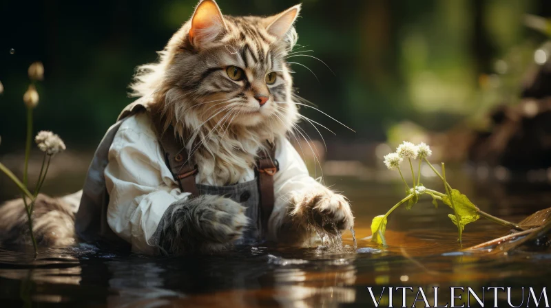Elegant Cat and Delicate Flower in Serene Water Setting AI Image