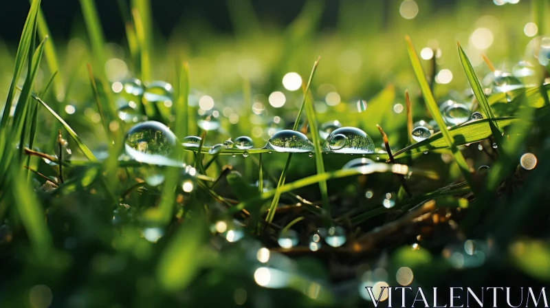 Ethereal Dawn: Dew Drops on Grass in Emerald Tones AI Image