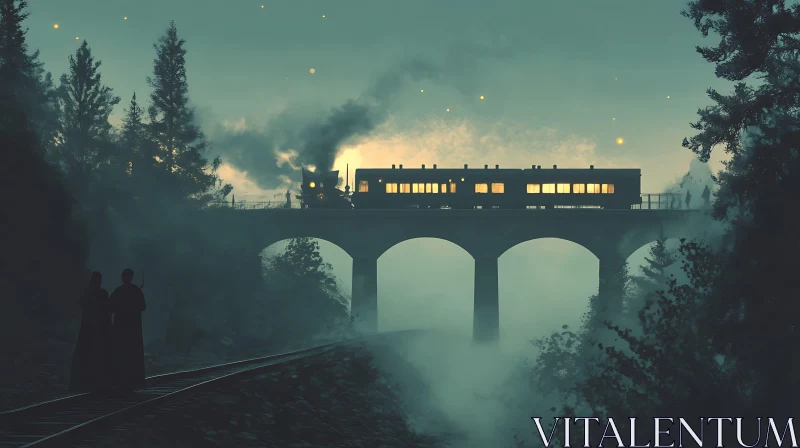 Fog-Shrouded Train on Stone Bridge AI Image