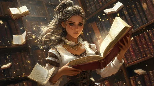 Woman Surrounded by Floating Books