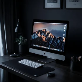 Sleek Home Office Desk with iMac and Mountain Landscape