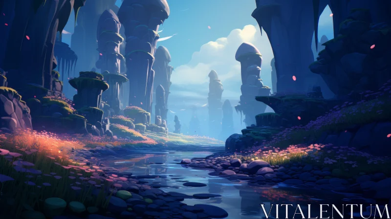 Fantasy Landscape: River Through Totem-like Rocks AI Image