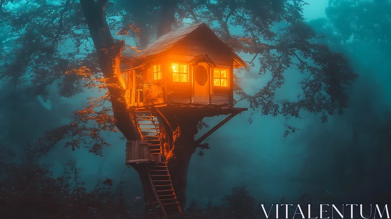 AI ART Glowing Treehouse in a Foggy Forest