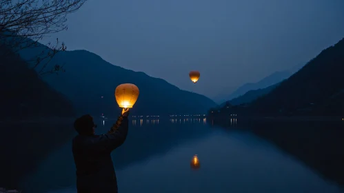 Tranquil Lantern Release at Night