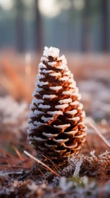 Frosty Pine Cone on Snow Covered Ground