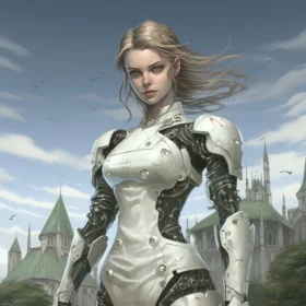 Futuristic Realism: Cyborg in White Armor against Castle Backdrop
