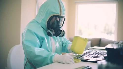 Person in Blue Protective Suit Working at Desk with Gas Mask | Unique Artwork