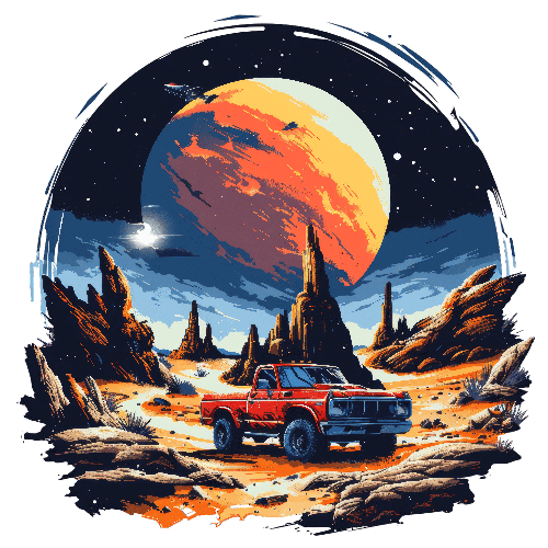 Red Pickup Truck in Sci-Fi Desert Landscape
