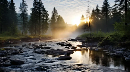 Romantic Forest Landscape with River and Golden Light