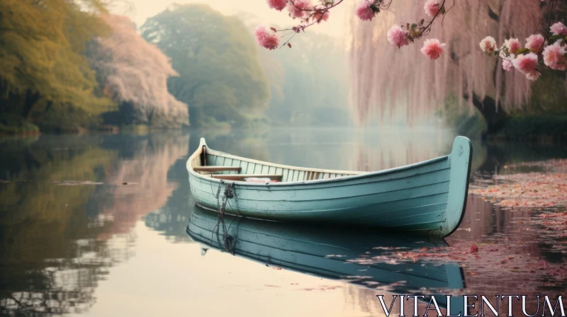 Romantic Lake Scene with Wooden Boat and Blossoming Trees AI Image
