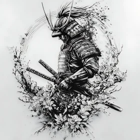 Monochrome Samurai Art with Flower Decoration