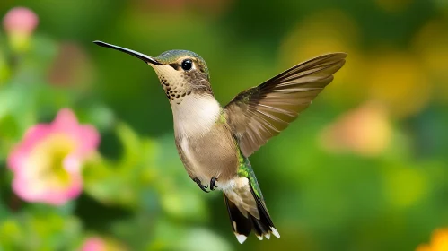 Hovering Hummingbird Amidst Flowers
