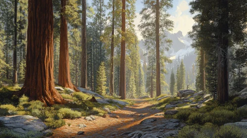 Tranquil Forest Pathway Amidst Tall Trees and Mountains