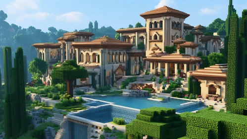 Blocky Minecraft Villa with Pool and Garden