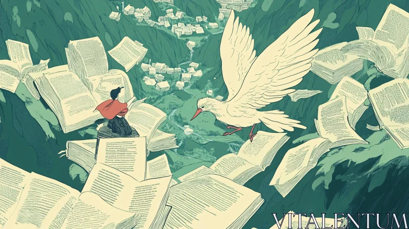 Bird and Books Above Village AI Image