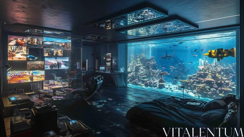 High-Tech Gaming Room Featuring Massive Aquarium AI Image