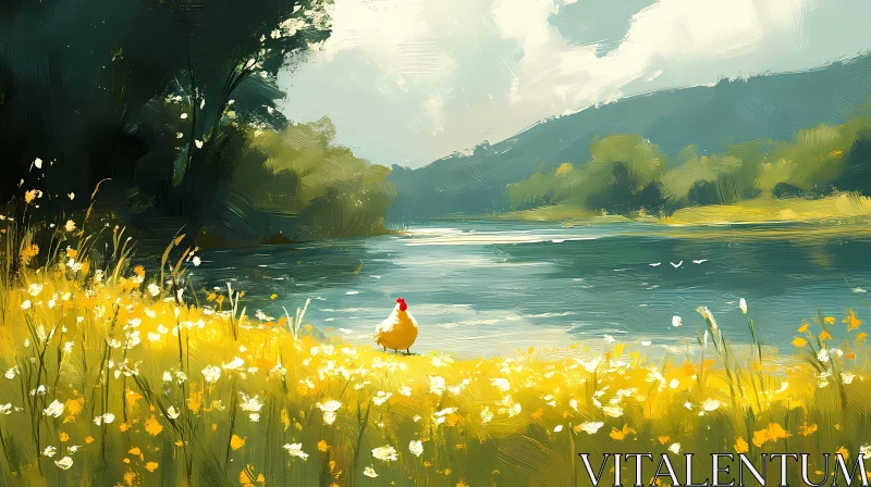 AI ART Idyllic River Landscape with Chicken