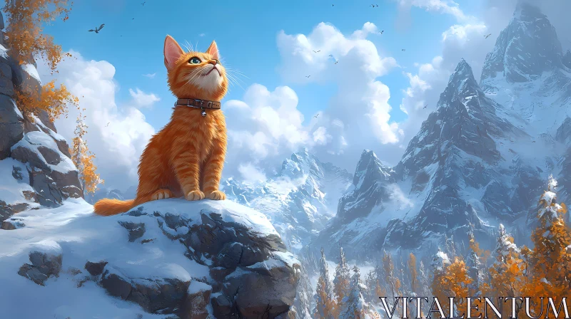 Ginger Cat in Beautiful Mountain Landscape AI Image