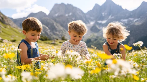 Kids in Flower Field with Mountains