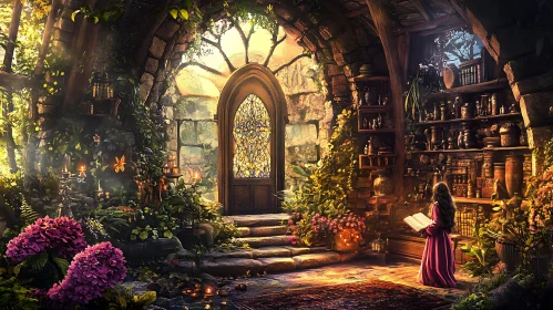 Girl Reading Book in Enchanted Library