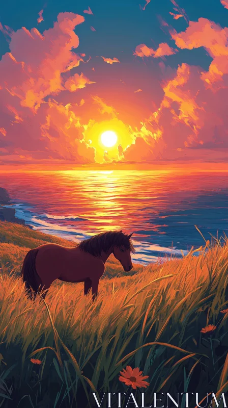 AI ART Coastal Sunset Scene with Horse