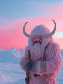 Whimsical Pink Yeti Character in Winter