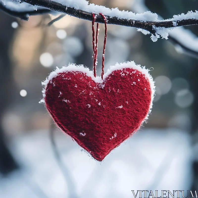 Snowy Heart Decoration on a Winter Branch AI Image