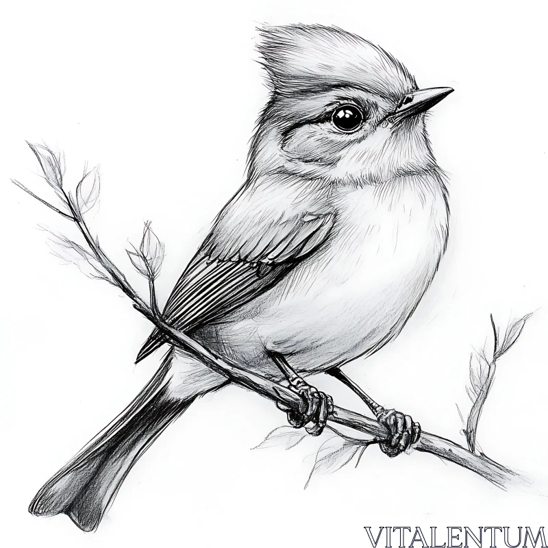 Monochrome Bird on Branch Illustration AI Image