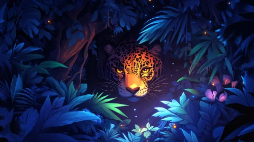 Mystical Leopard in the Night Jungle