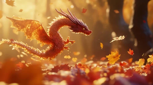 Crimson Dragon Flight Through Autumn Forest