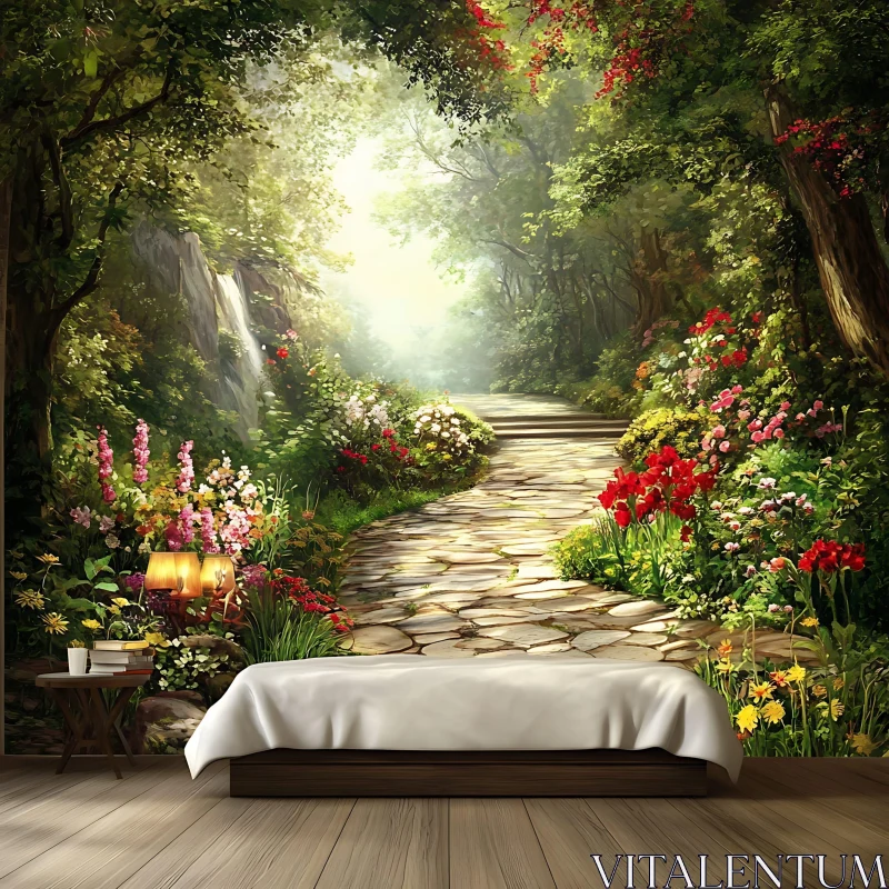 AI ART Serene Bedroom with Forest Pathway Mural