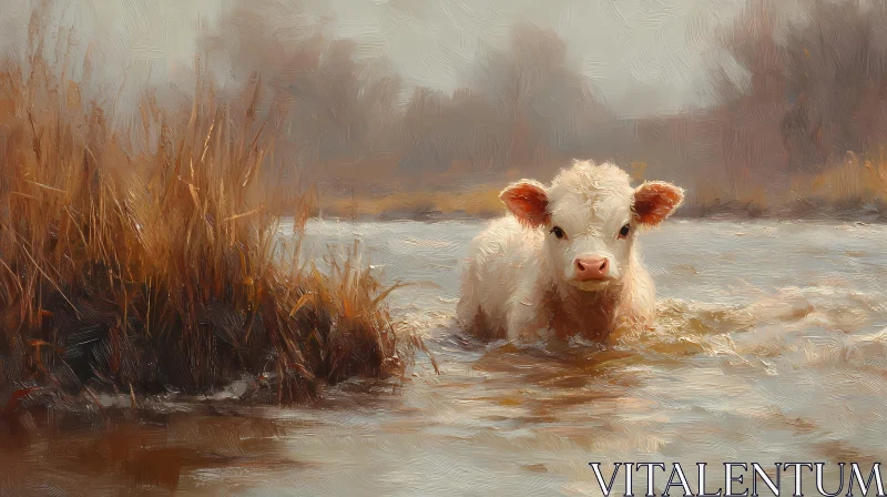 Cow in Tranquil Water Setting AI Image