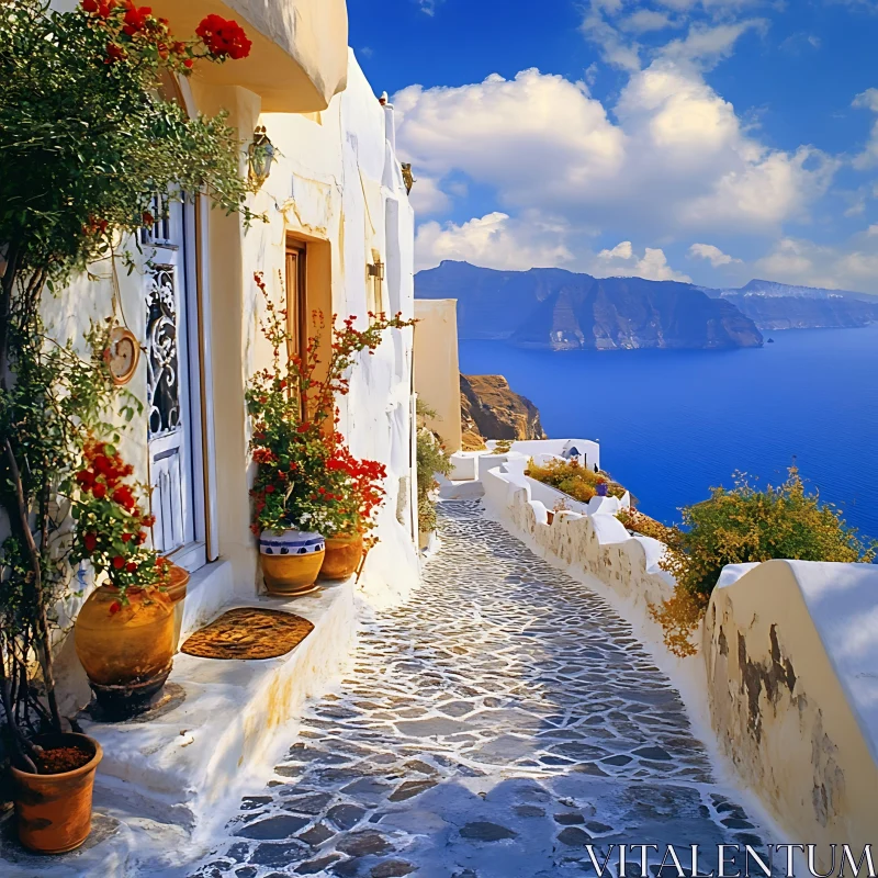 Charming Street in Santorini with Sea View AI Image