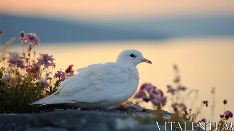 White Bird and Pink Flowers Serenity AI Image