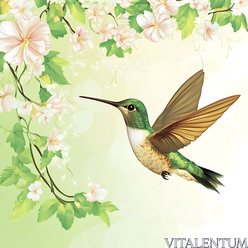 Hovering Hummingbird Among White Blooms AI Image