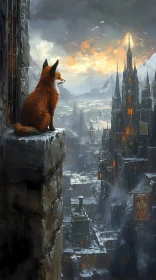 Fox Overlooks Snowy Castle