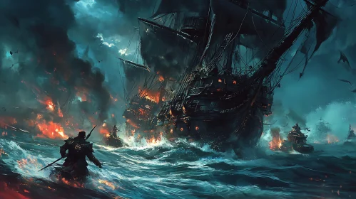 Stormy Sea Battle with Pirate Ships Ablaze