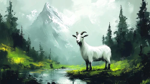 Peaceful Mountain Scene with Goat