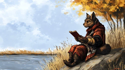 Anthropomorphic Wolf Enjoying a Book by River