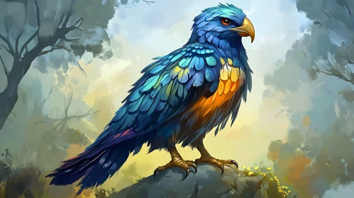 Colorful Feathered Bird Perched Artwork