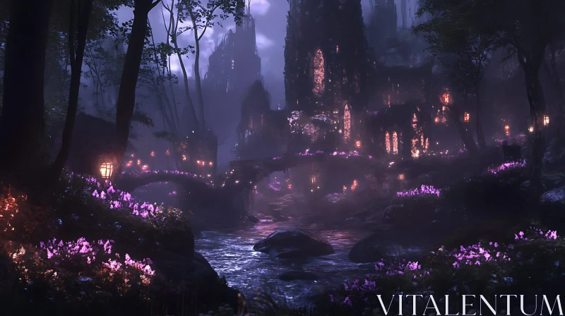 Mystical Forest Scene with River and Lights AI Image