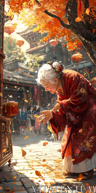 Red Kimono in Autumn Street Scene AI Image