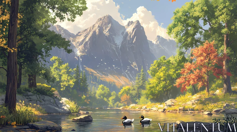 Serene Forest and Mountain Landscape AI Image