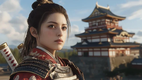 Female Warrior with Traditional Japanese Architecture