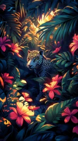 Tropical Jungle with Leopard and Flowers