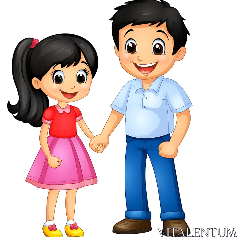 AI ART Cartoon siblings holding hands illustration