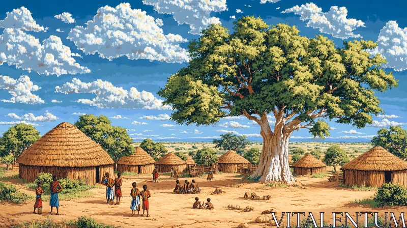 AI ART African Village Under the Baobab Tree